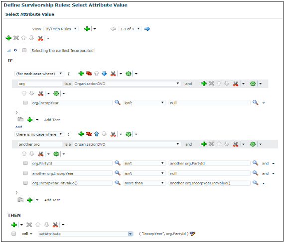 値の入力が完了した「生存ルールの定義: 属性値の選択」ページ。 ソース更新日が最も古い値を生存属性値として選択する属性値設定ルールを作成するためのIFおよびTHENルール条件が移入されています。 