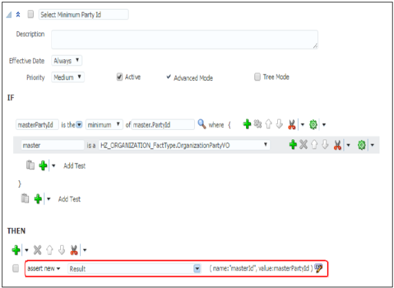 最小パーティIDを持つレコードをマスターとして設定するIFおよびTHENルール条件が指定された「生存ルール: マスター・レコードの選択」ページ。 この条件は、最初の2つの条件が 満たされない場合にのみピックされます。 