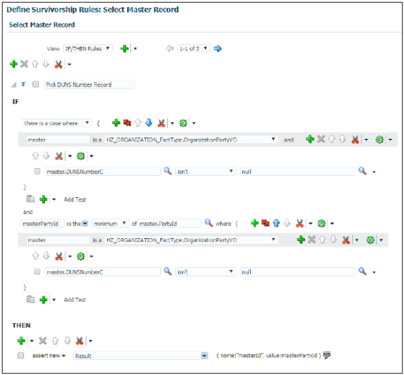 D-U-N-S番号と最小パーティIDを持つレコードをマスターとしてピックするためのIFおよびTHENルール条件の入力が完了した「生存ルールの定義: マスター・レコードの選択」ページ。