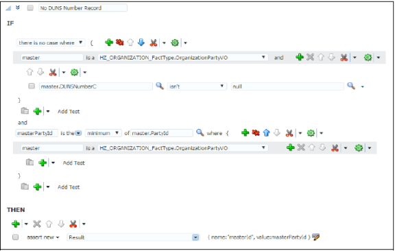 D-U-N-S番号を持たず、最小パーティIDを持つレコードをマスターとしてピックするためのIFおよびTHENルール条件が指定された「生存ルールの定義: マスター・レコードの選択」ページ。