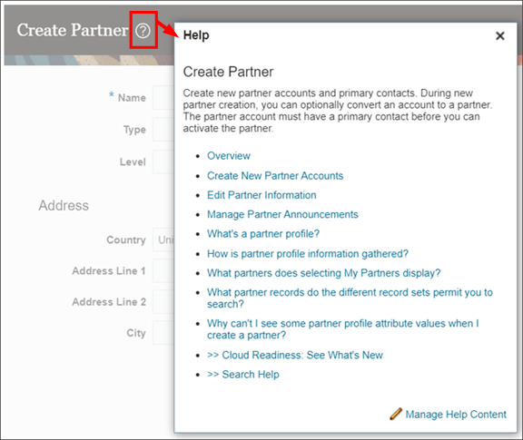 これは、Oracle Help Centerにナビゲートするヘルプ・リンクを含むヘルプ・アイコンとヘルプ・ウィンドウの例です。