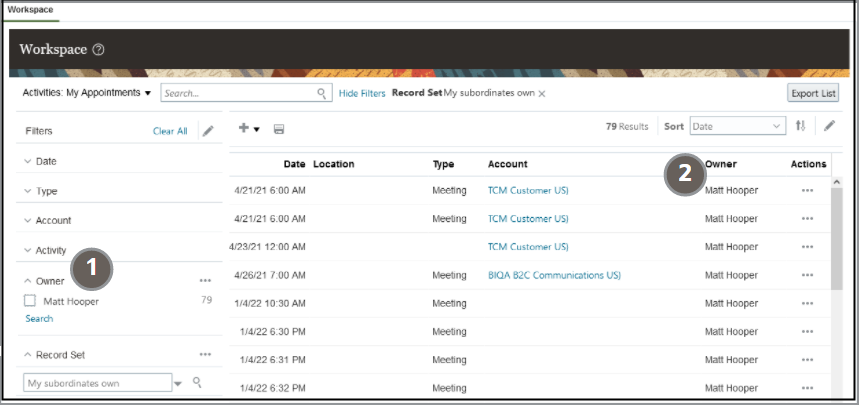 所有者フィルタが除外されているアクティビティ 検索結果を示しています