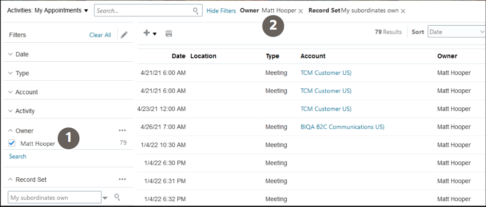 自分の部下レコード・セットに基づくアクティビティの コールアウトがある検索結果が示されています