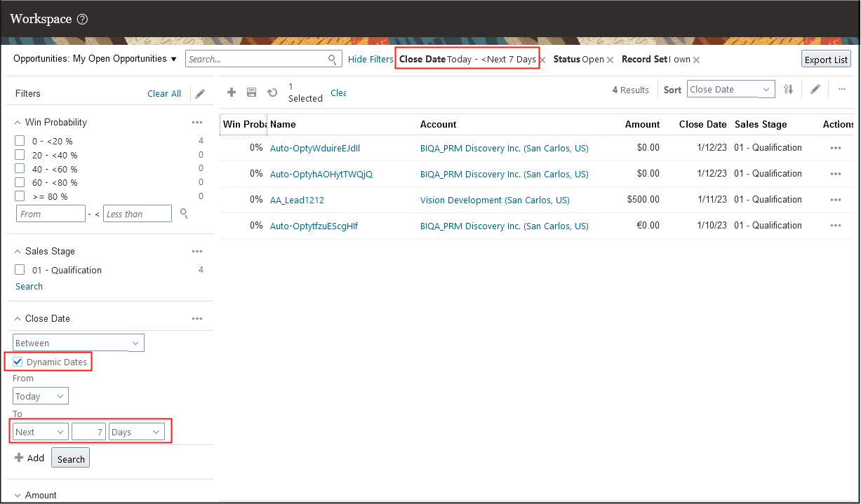 次の7日以内の商談のクローズ日を検索する動的日付を示すスクリーンショット。
