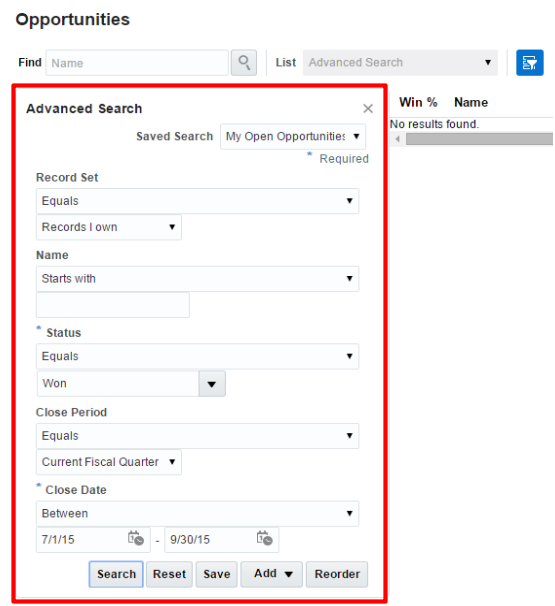 拡張検索パネルが強調表示された「商談」作業領域ランディング・パッドの画面キャプチャ。 この画像は、自分のオープン商談リストの検索条件を示しています。 レコード・セットが自分の所有するレコードと等しく、クローズ期間が現会計四半期と等しく、かつクローズ日が2015年7月1日から2015年9月30日の間であるという検索条件です。 