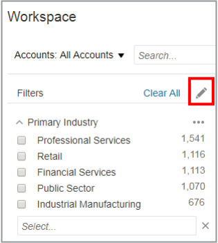 「フィルタの編集」アイコンの場所が強調表示された ワークスペースのスクリーンショット。
