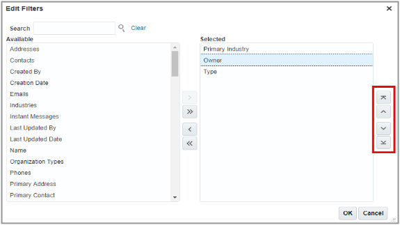 「フィルタの編集」ウィンドウのスクリーンショット。 このウィンドウには、 フィルタとして表示するために選択された3つのフィールドが表示されます。 フィールドの1つが選択され、選択項目をリストの最初に移動、 選択項目をリストの1つ上に移動、選択項目をリストの1つ下に移動、 選択項目をリストの最後に移動の4つの移動ボタンが 有効になり強調表示されています。 