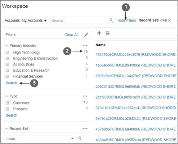 サンプル・データを含む「ワークスペース・フィルタ」 パネルのスクリーンショット。 コールアウトは、テキストで説明する機能を強調表示しています。 