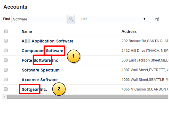 テキストで説明されているサンプル検索を示した「アカウント」作業領域ランディング・ページの画面キャプチャ
