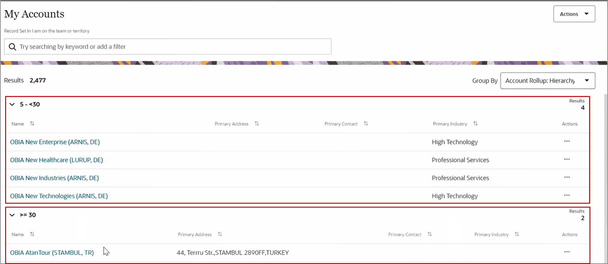 スクリーンショットは、アカウントとその階層からのオープン商談合計別にグループ化されたアカウントを示しています。