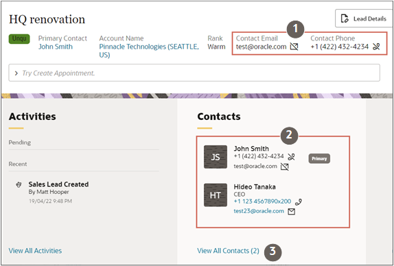 担当者プリファレンス情報を表示する場所が強調表示されたリード要約ページ。