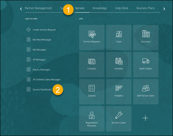 サービス・ダッシュボードのクイック処理リンクを示すホーム・ページ。 コールアウトは、テキストで説明する機能を強調表示しています。 
