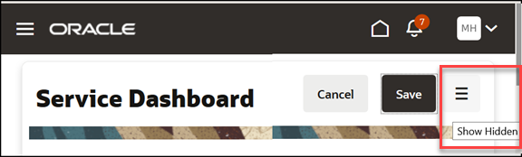 「非表示の表示」アイコンが表示された「サービス・ダッシュボード」ページ。