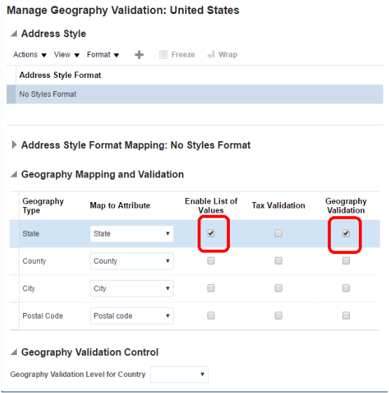 「地理検証の管理」ページ。US State地理タイプの値リスト使用可能および「地理検証」オプションのロケーションが強調表示されます。