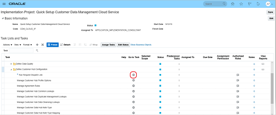 クイック設定Customer Data Management Cloudサービス実装プロジェクトで、「タスクに進む」アイコンが強調表示されます。