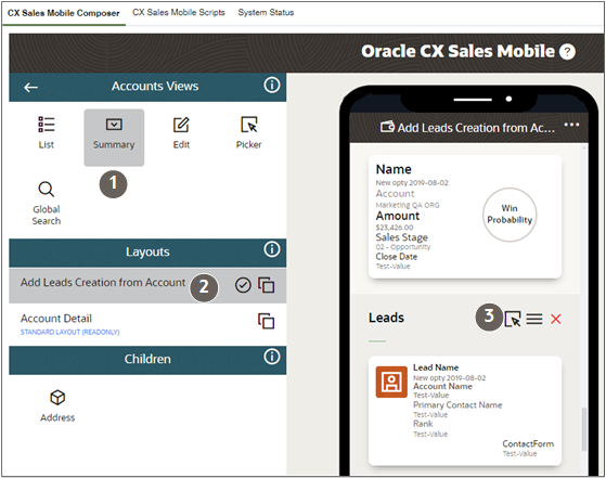 「リードの作成」処理をアカウントに追加するステップが強調表示された「CX Sales Mobileコンポーザ」ページ。
