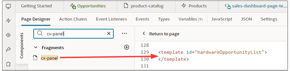 このスクリーンショットは、フラグメントをテンプレート・エディタにドラッグする方法を示しています。