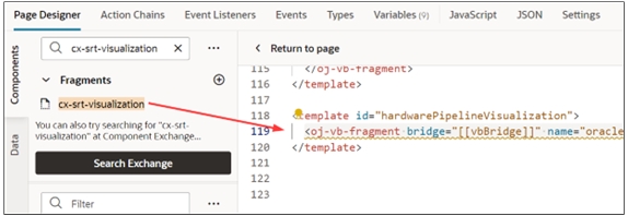 このスクリーンショットは、フラグメントをテンプレート・エディタにドラッグする方法を示しています。