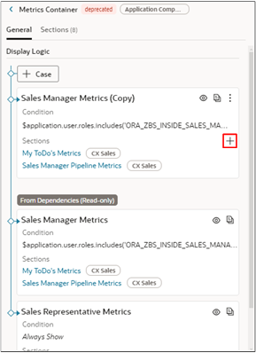 メトリック・コンテナ・コピーで強調表示された「セクションの追加」ボタン