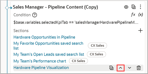 「上に移動」矢印が表示されるように、選択した新しい「ハードウェア・パイプライン・ビジュアライゼーション」セクションを示す「パイプライン・コンテンツ」コンテナ