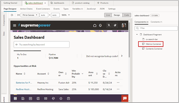 メトリック・コンテナ・リンクのロケーションを強調表示したVisual Builder Studio