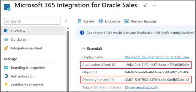 アプリケーション登録の概要ページの一部で、表示名、アプリケーション(クライアント)ID、オブジェクトID、ディレクトリ(デフォルト)IDおよびサポートされているアカウント・タイプが表示されている例