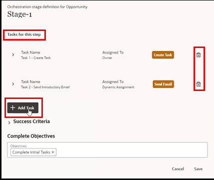 ステップ内の複数のタスクのプロパティを編集できる「オーケストレーション」ステージ定義ビューのスクリーンショット