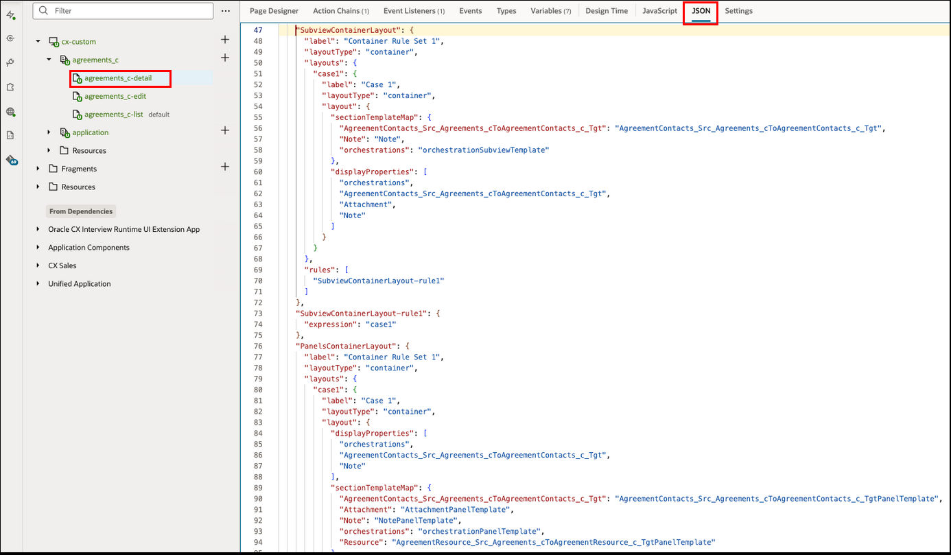 Visual Builder StudioのAgreementsカスタム・オブジェクトで使用されるJSONコードのサンプル・スクリーンショット