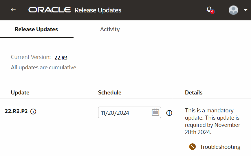 リリース「更新」ページの「トラブルシューティング」アイコン