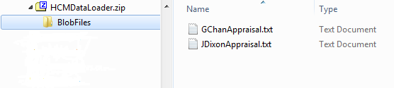 この図は、BlobFilesフォルダに2つのファイルが含まれている状態を示しています。 これらのファイルはGChanAppraisal.txtとJDixonAppraisal.txtです。 