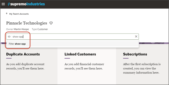 このスクリーンショットは、アカウントが顧客である場合に、フィールド条件によって「商談の表示」スマート処理が非表示になる様子を示しています。