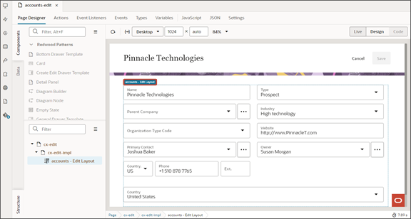 このスクリーンショットは、「アカウントの編集」ページからOracle Visual Builder Studioに入ったときの表示状態を示しています。