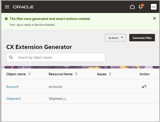 拡張ジェネレータの成功メッセージを示すスクリーンショット。