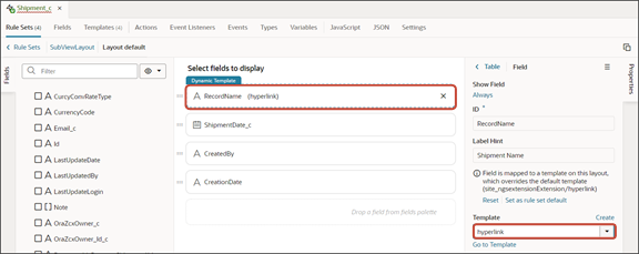 このスクリーンショットは、フィールド・テンプレートをフィールドに関連付ける方法を示しています。