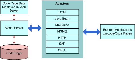 Unicode Conversion. In this image, the Code Page Data displayed in the Web server is converted (via transport Adapters) to the External Application’s Unicode/Code Pages.