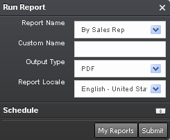 Run Report Pane in the Siebel Open UI Client. In this image, the Run Report Pane has the following fields: Report Name, Custom Name, Output Type, Report Locale. After these fields, Schedule appears with a button with up and down arrows. After schedule , there are two buttons: My Reports and Submit.