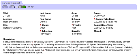 Example of the Form/4 Column Applet Template. In this image of a Service Request form, there are four columns with label and field pairs. At the end of the form, there is a field labeled Description. Text entered in this field spans all four columns.