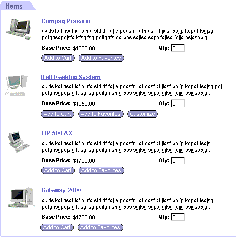 Example of the DotComAppletListDetailedImgBullet Template. At the beginning of this image, there is a tab labeled Items. After Items, there is a list of records. Each record has a product image (computers in this example), a title description, a description and buttons for each record.
