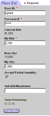 Example of the DotComAppletFormBasic Template. In this image of a basic Web template, there is a tab at the beginning of the image that is labeled Place Bid. The template contains the following fields: User ID, Password, Current Bid, My Bid, Item Qty, My Qty, Accept Partial Quantity (checkbox), Autobid Maximum. There is a Place Bid button at the end of the template.