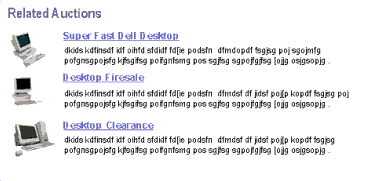 Example of the DotComAppletListBriefImgBulletBorder Template. In this image, the beginning of the image is labeled Related Auctions. This is followed by a bulleted list of records that include an image, a record title, and a brief description.