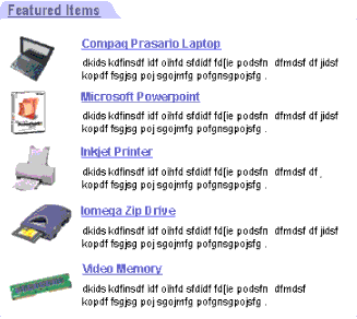 Example of the DotComAppletListBriefImgBullet Template. In this image, at the beginning, there is a shaded tab labeled Featured Items. After that, there is a bulleted list of records that include an image, a record title, and a brief description.