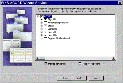 This is an image of the FINS ACORD Wizard Service. In this image, check boxes next to the following options are selected: ACORD, SignoffRq, Status, SignonRs, SignonRq, SignoffRs.