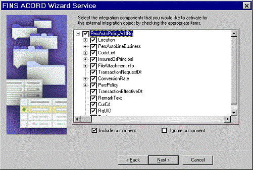 This is an image in the FINS ACORD Wizard Service. The following check boxes are selected: PersAutoPolicyAddRq, Location, PersAutoLineBusiness, CodeList, InsuredOrPrincipal, FileAttachmentInfo, TransactionRequestDt, ConversionRate, PersPolicy, TransacationEffectiveDt, Remark Text, CurrCd, RqUID.