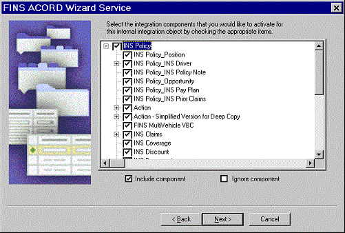 This is an image of the FINS ACORD Wizard Service. Check boxes next to the following options are selected: INS Policy, INS Policy_Position, INS Policy_INS Driver, INS Policy_INS Policy Note, INS Policy Opportunity, INS Policy_INS Pay Plan, INS Policy_INS Prior Claims, Action, Action-Simplified Version for Deep Copy, FINS MultiVehicle VBC, INS Claims, INS Coverage, INS Discount.