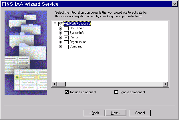 FINS IAA Wizard Services screen — Select Integration components. In this image, check boxes next to the following options are selected: AddPartyResponse, Person, Include component.