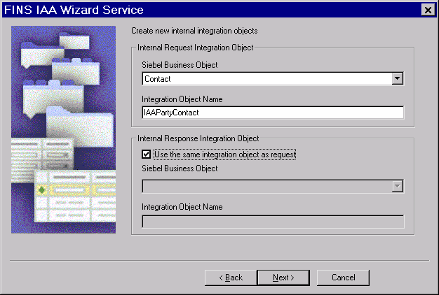 In the Internal Request Integration Option section, the Siebel Business Object field has the value Contact and Integration Object Name field has the value IAAPartyContact. The following check box is selected in the Internal Response Integration Object section: Use the same integration object as request.