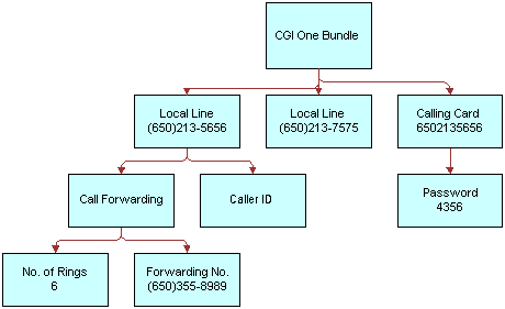 In this image, CGI One Bundle has one Local Line with Call Forwarding and Caller ID. Call Forwarding has No. of Rings 6 and Forwarding No. CGI One Bundle has a second Local Line. CGI One Bundle also has a Calling Card with a Password.