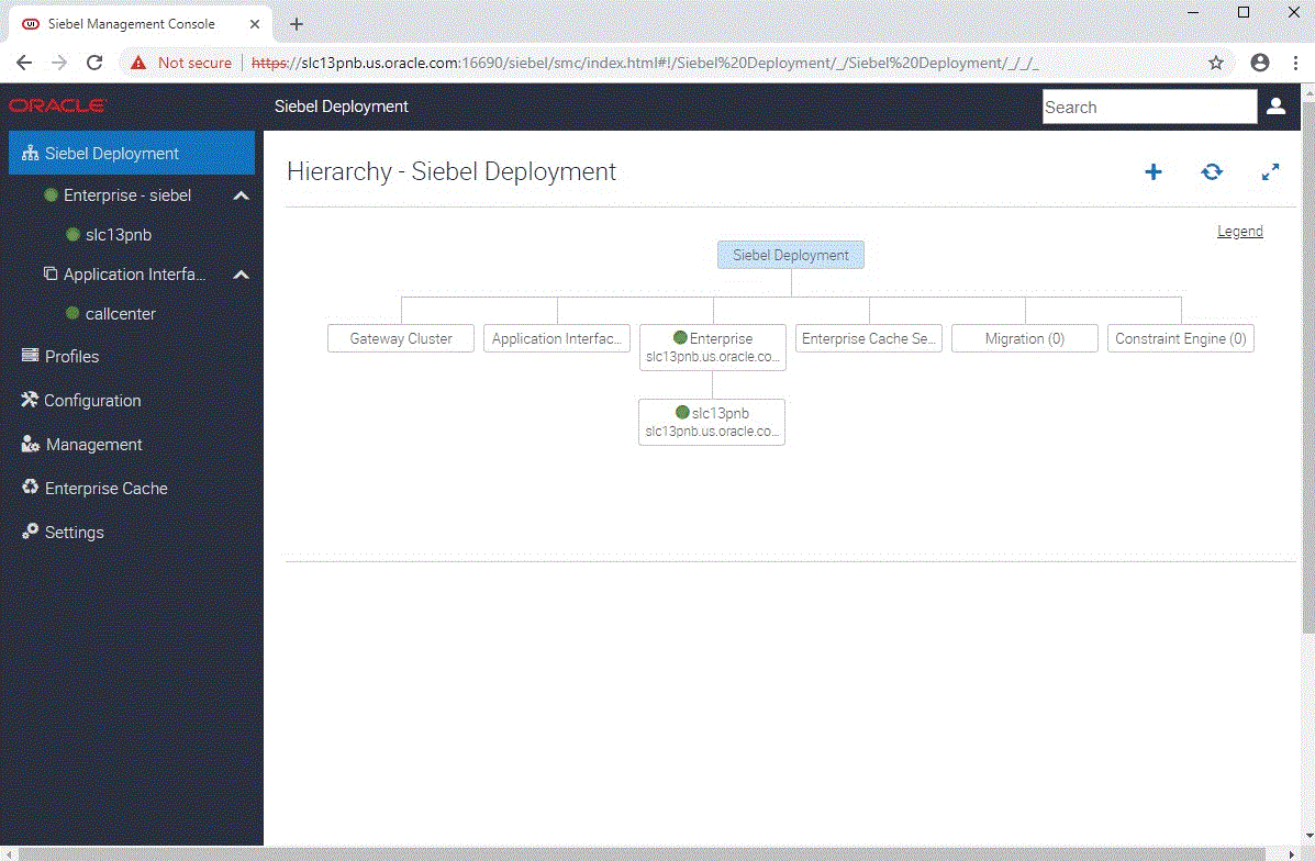 Siebel Deployment Screen in Siebel Management Console: This image is described in the surrounding text.