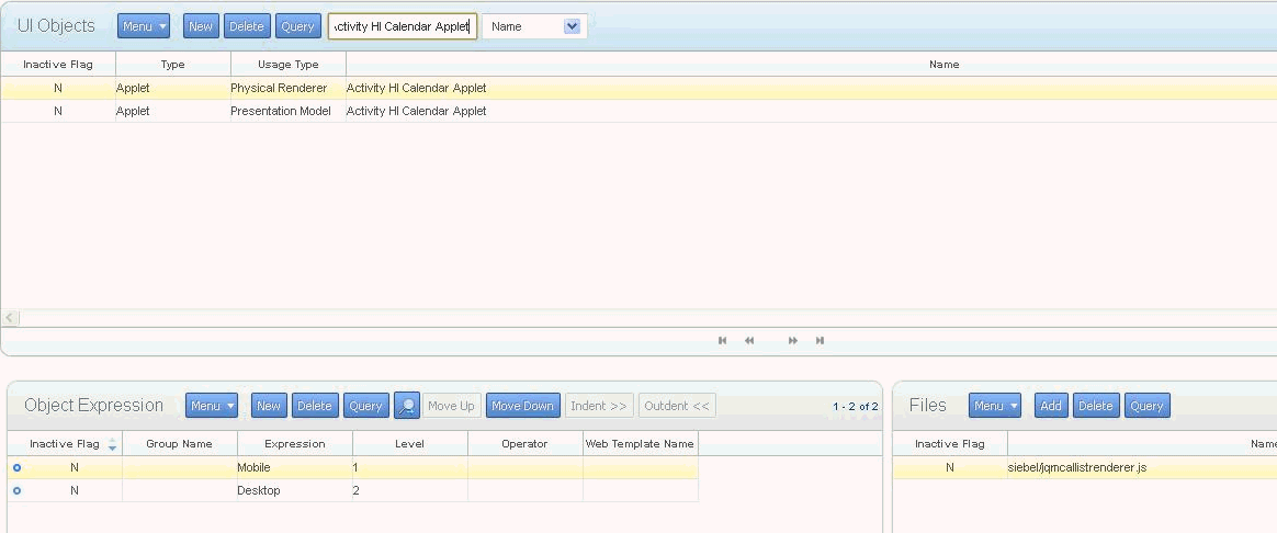 Activity HI Calendar Applet in UI Objects View, with Object Expressions and Files: This image is described in the surrounding text.