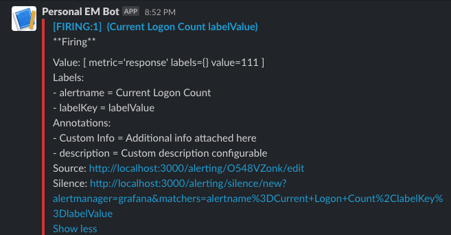 アラート・ルールがトリガーされたときのSlack通知の例